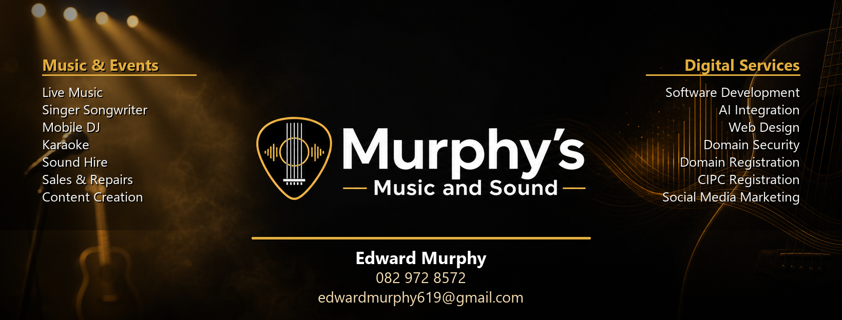 Murphy's Music and Sound Facebook cover showing music, event, digital service, phone, and email details