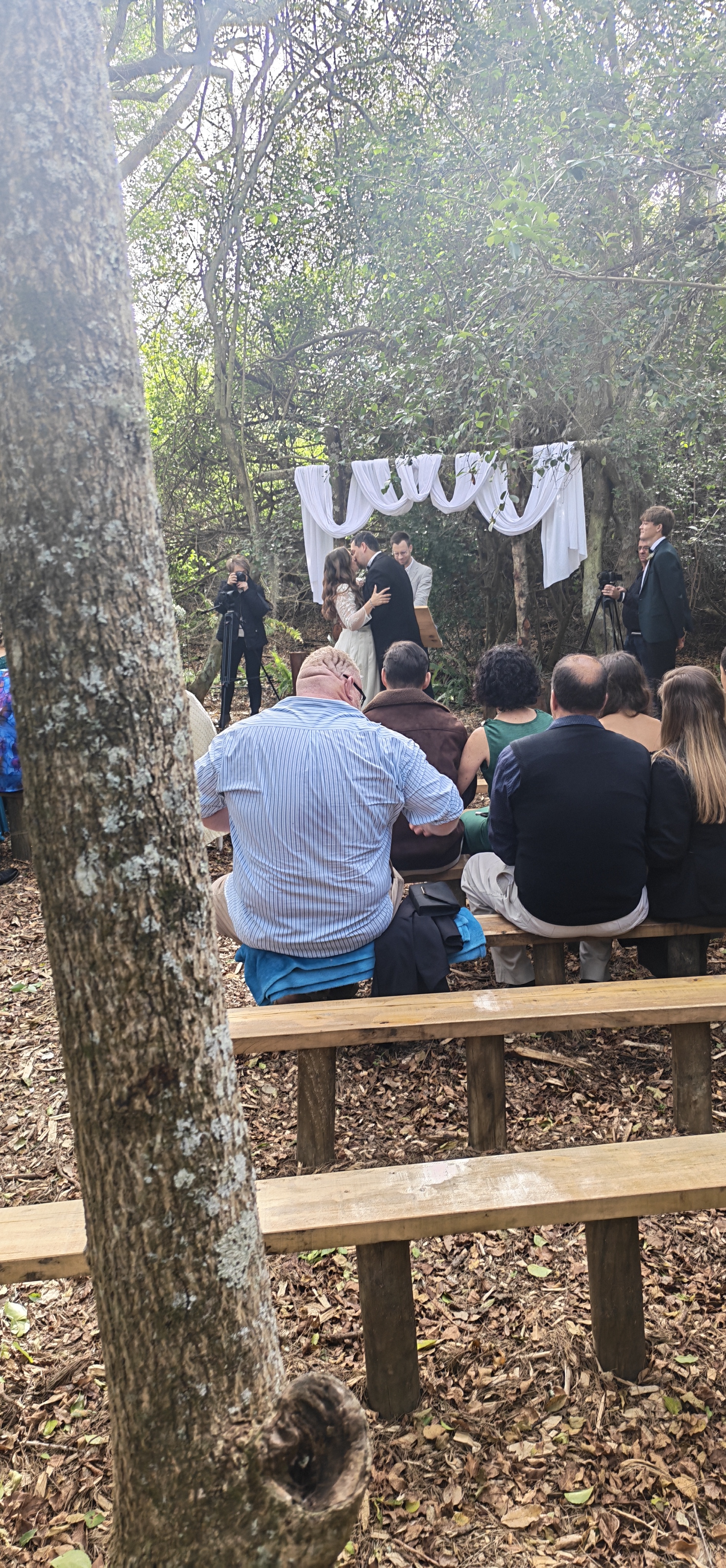 Outdoor wedding ceremony with guests and a draped arch